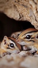 Obraz premium Adorable Chipmunks: Curious Young Rodents in their Natural Woodland Burrow