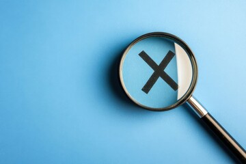 Magnifying glass highlighting an "X" on a blue background, symbolizing repair and restoration. Studio flat lay with copy space, emphasizing rebirth and precision in high detail.