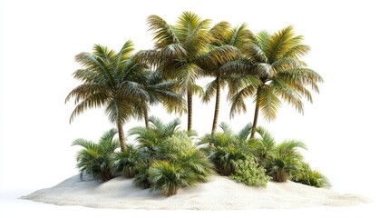 Tropical island with palm trees on a white background, hyper-realistic and intricately detailed, featuring dynamic lighting and sharp focus, in a vibrant style.