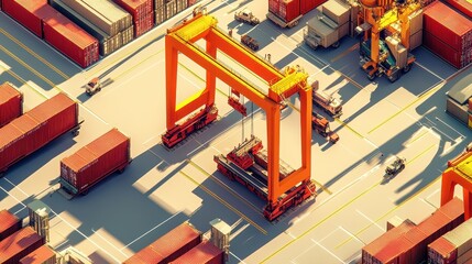 Shipping container yard with cranes loading cargo flat design top view global trade theme 3D render Split-complementary color scheme.
