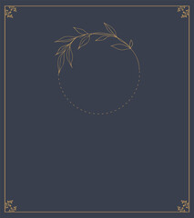 Funeral card. Empty card with dark background and photo frame with leaves. Gold frame.
