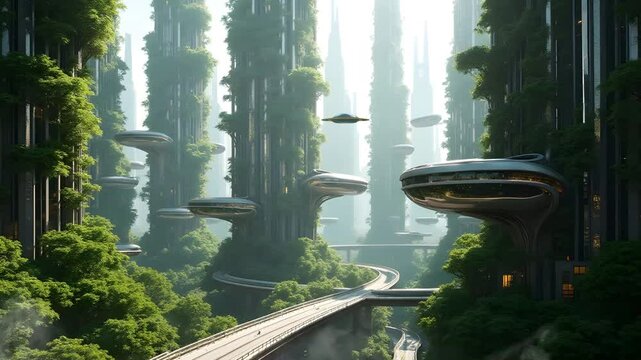 A lush solarpunk cityscape with flying cars, skybridges, and buildings covered in vegetation. A vision of harmony between nature and futuristic technology.