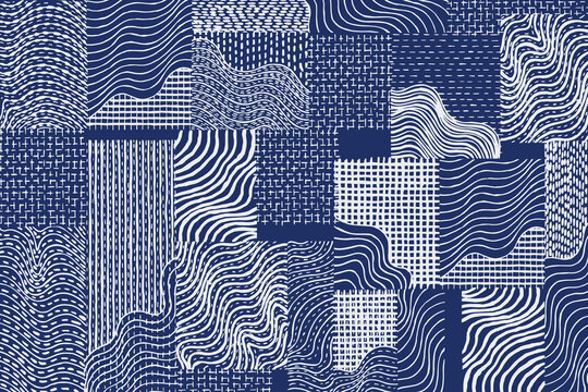 Hand drawn brush lines abstract patchwork collage waves and water with stitching texture pattern, Japanese Sashiko traditional embroidery handcraft inspired surface experimental design background