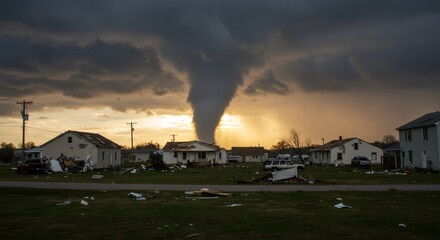 Destructive tornado funnel cloud approaching residential area at sunset. Natural disaster and severe weather concept. Dangerous storm threatening small town homes
