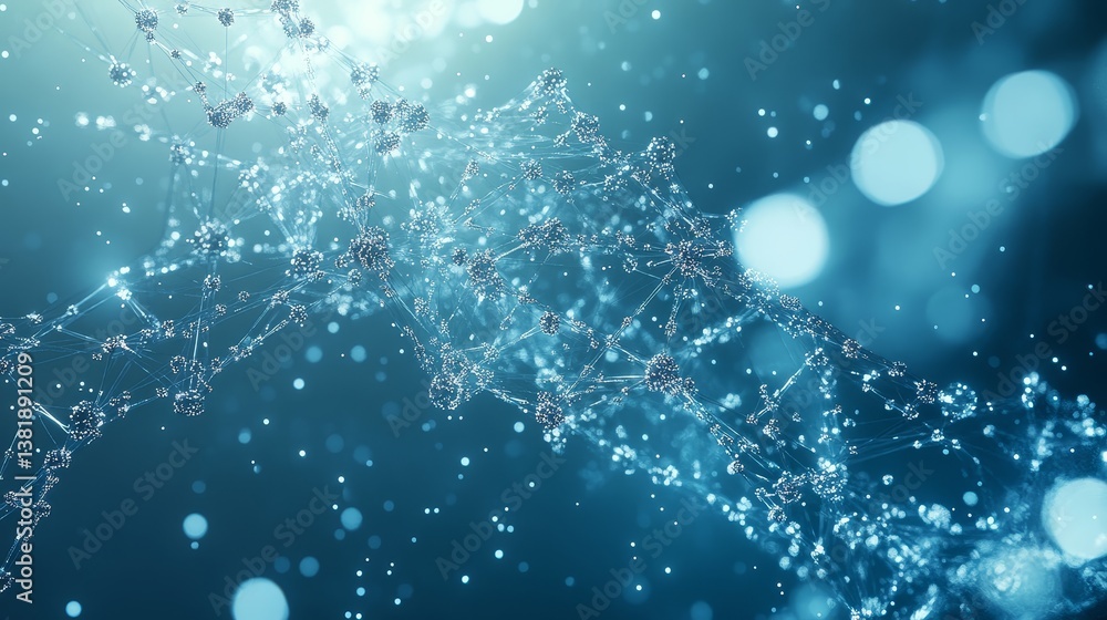 Poster abstract molecular structure in blue light with bokeh background