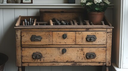 Vintage wooden chest with tools in a cozy room