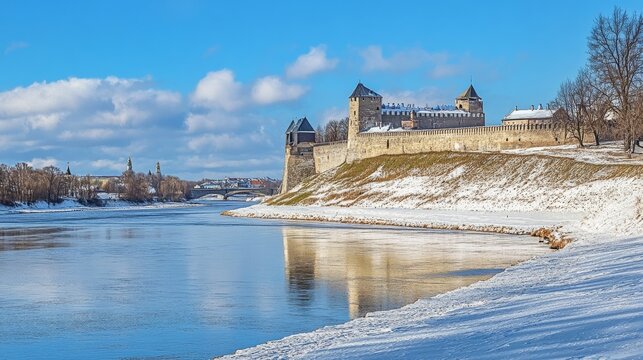 Sunny March, Narva. Castles, border between Estonia & Russia.