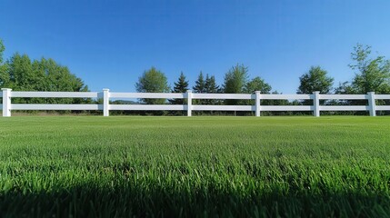 Fototapeta premium White vinyl fence on a lawn with green grass, trees in the background, and a clear blue sky overhead. Ultra-realistic outdoor scene.