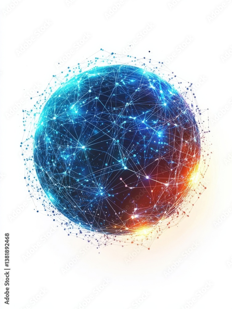 Poster abstract digital sphere with glowing connections and cosmic elements on a white background, represen