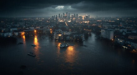 Fototapeta premium City flooded at night: Urban disaster scene with submerged streets and illuminated buildings under stormy sky. Climate change impact on metropolis, rising sea levels concept