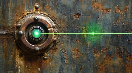 Rusty Metal Surface with Green Laser Beam and Circular Light Fixture