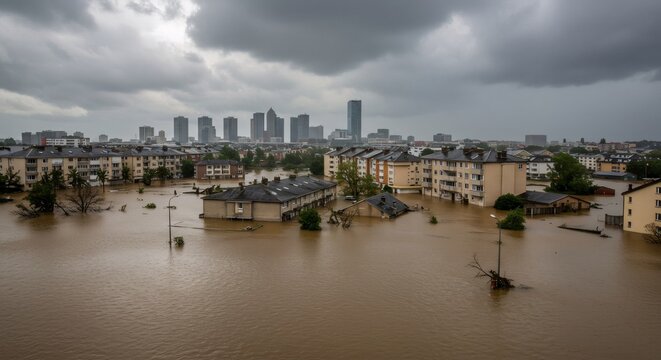 Devastating urban flood engulfs residential area with high-rise buildings in background. Natural disaster impact on city. Climate change consequences and extreme weather event
