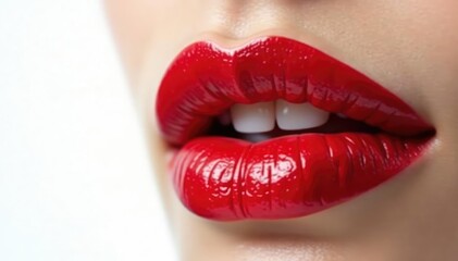 Obraz premium Close-up of luscious red lips on pure white backdrop, makeup, tone, full lips