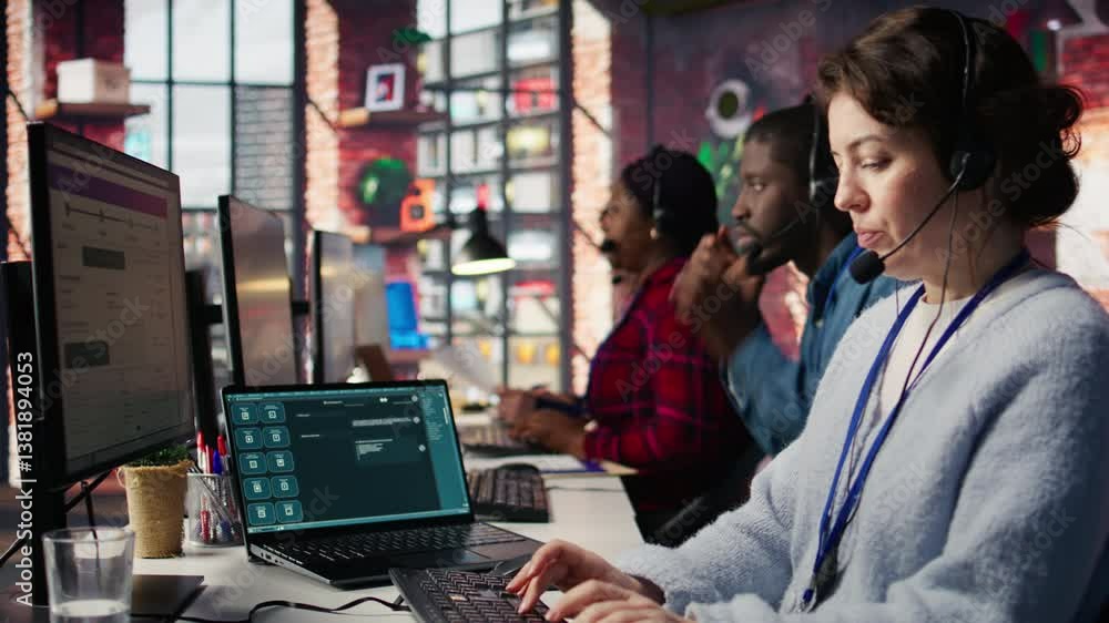Poster call center agent uses ai chatbot on laptop to provide quick and accurate replies to common customer