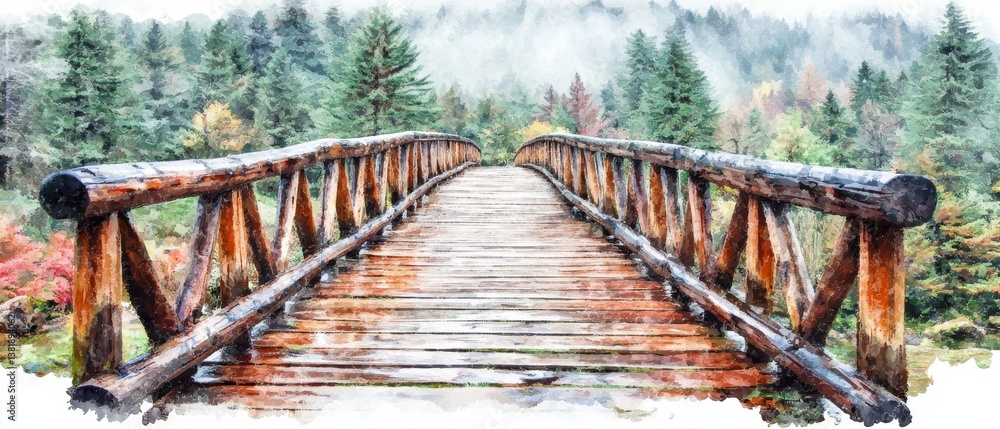 Poster a rustic wooden bridge stretches across a serene forest landscape surrounded by towering trees and b