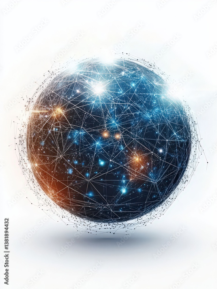 Poster abstract digital sphere with glowing connections and cosmic elements on a white background, represen