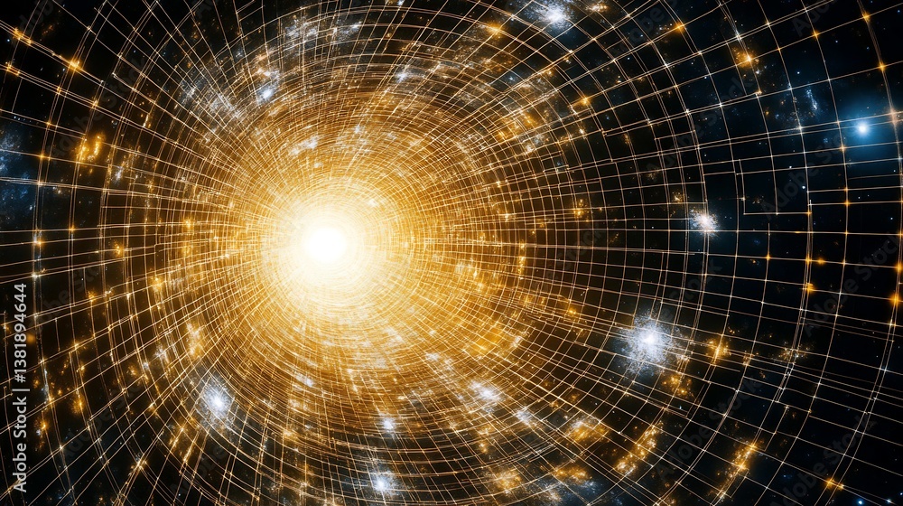 Poster a glowing tunnel of light emitting through deep space grids