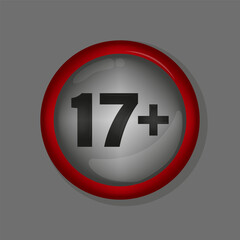 Red circle emblem. Seventeen plus text. Vector rating label. Grey round badge.