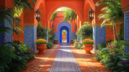 Fototapeta premium Vibrant Arabian Oasis Entrance with Blue Arches, Orange Walls, Lush Greenery, Hanging Lanterns, and White Patterned Rug – Hyper-Realistic 3D Render in High Resolution and Cinematic Detail