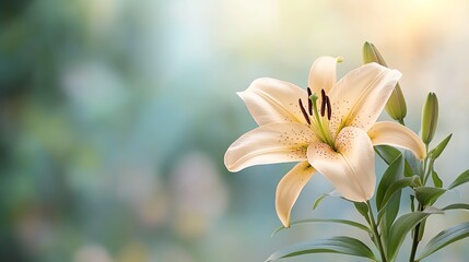Fototapeta premium Elegant White Lily Blooming in Soft Focus Background with Green Hues
