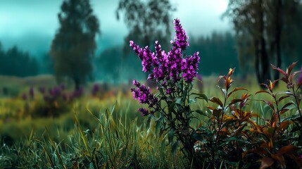 Obraz premium Vibrant Purple Flowers Blooming in Serene Green Landscape