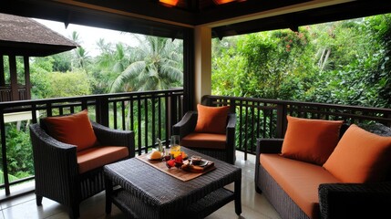 Fototapeta premium A luxurious boutique with a breezy veranda overlooking the sparkling sea.