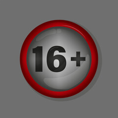 Red circle emblem. Sixteen plus text. Vector warning label. Grey round badge.