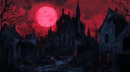 Haunted castle in spooky moonlit landscape with ruined buildings and red sky