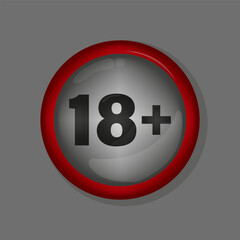 Red circle emblem. Eighteen plus text. Vector adult label. Grey caution badge.