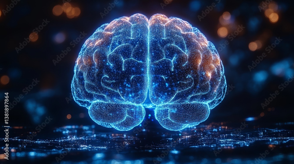 Poster glowing neural network representation of a human brain with digital connections