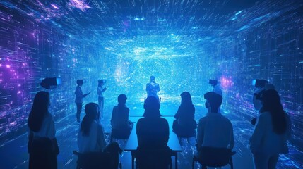 Virtual Reality Experience in a Futuristic Digital Space with Users Wearing VR Headsets and Int
