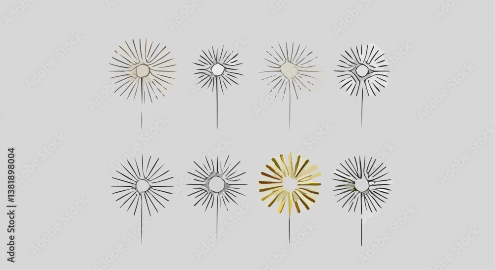 Poster a simple geometric line drawing in black and white. twelve stylized fireworks, presented as circular
