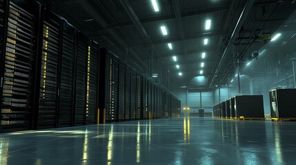 Modern data center with rows of servers and illuminated ceiling lights
