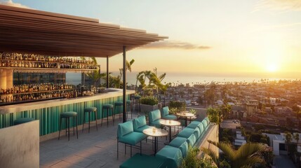 Fototapeta premium A trendy rooftop bar with teal and white seating, overlooking a coastal sunset.