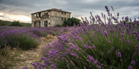 Urban exploration unveils a secret garden, vibrant purple landscape surrounding an abandoned building.