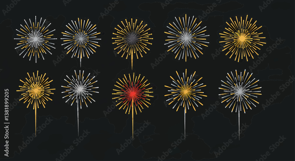 Poster vibrant, flat, vector style illustration of twelve fireworks exploding on a dark background. vector 