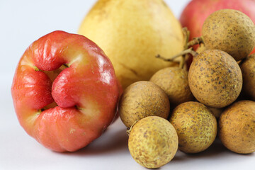 Close-Up of Fresh Longan, Rose Apple, and Pear