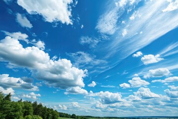 Vast blue summer sky, billowing white clouds, offering abundant space for text or design.