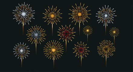 Vibrant vector illustration of twelve bursts of fireworks against a dark background. Each burst is circular in gold and silver. Vector Illustration
