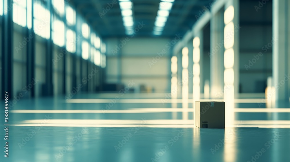 Poster Single cardboard box in large empty warehouse with soft lighting