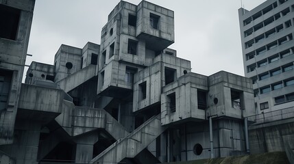 Obraz premium Complex concrete architecture with abstract geometric forms and dramatic shadows