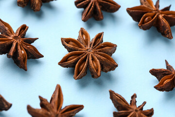 Composition with aromatic star anise spice on color background