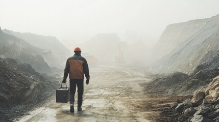 Worker Walking Through Quarry with Toolbox in Dusty Environment