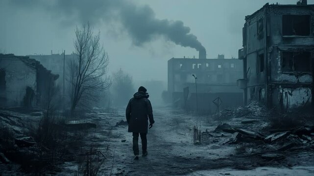 Desolate Urban Landscape A Lonely Figure Stands in a Post-Apocalyptic Setting Full of Despair and Hopelessness