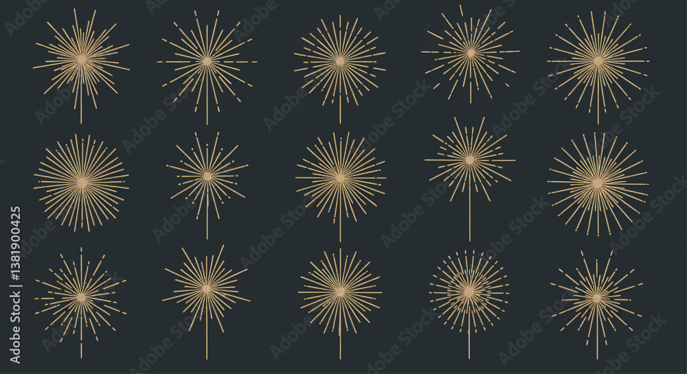 Poster a simple graphic depiction of twelve designed fireworks, set against a dark gray background. each fi