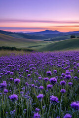 Naklejka premium Twilight Magic: Ethereal Violet Serenity in a Tranquil Meadow Hues of Dusk