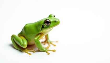 Fototapeta premium Solitary bright green frog against pure white, digital, texture, web