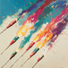 Fototapeta premium A series of firecrackers popping off against a white backdrop creating a vivid display