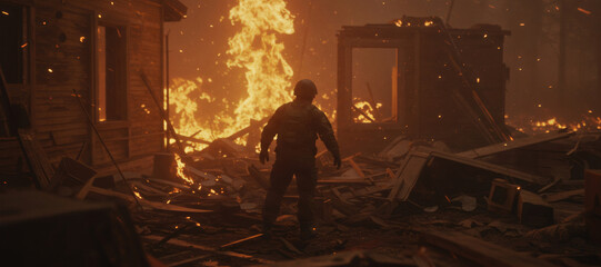 Firefighter battling intense blaze in burning building. Disaster response and emergency services. Heroic rescue effort amidst destruction and flames. Fire safety concept.