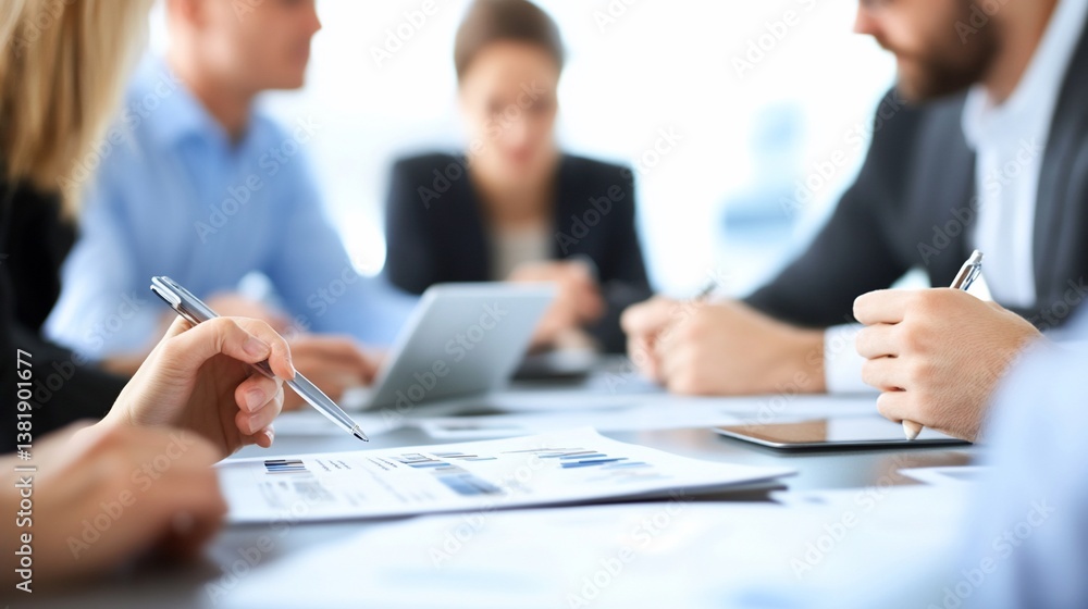 Poster business meeting with focus on data analysis and teamwork discussions around a table
